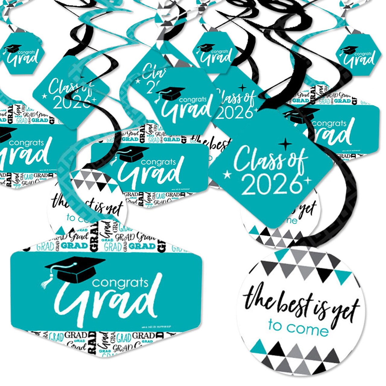 Big Dot of Happiness Teal Graduation Class of 2026 Decorations Hanging Swirls - Set of 40